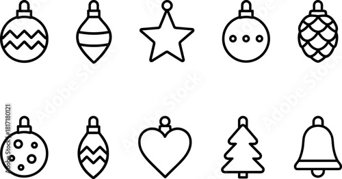 Vintage Christmas toys and gifts icons set. Rocking horse, nutcracker, teddy bear, decorations. Outline vector illustrations