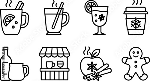 Vintage Christmas toys and gifts icons set. Rocking horse, nutcracker, teddy bear, decorations. Outline vector illustrations