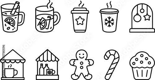 Vintage Christmas toys and gifts icons set. Rocking horse, nutcracker, teddy bear, decorations. Outline vector illustrations
