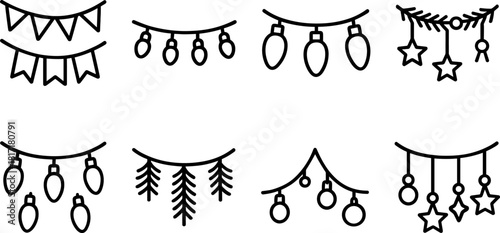 Vintage Christmas toys and gifts icons set. Rocking horse, nutcracker, teddy bear, decorations. Outline vector illustrations