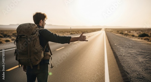 Golden Hour Adventure - Rugged Hitchhiker on Vast Desert Highway