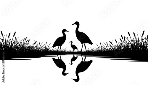 Three herons standing by the water with reflection and reeds  