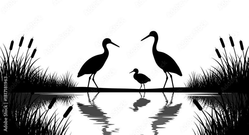 Fototapeta premium Silhouette of herons and chick standing by the water in wetland scene 