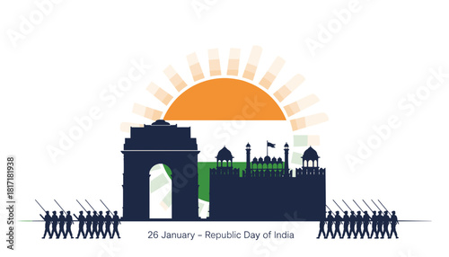 Minimalistic silhouette of India Gate and Red Fort for Republic Day  