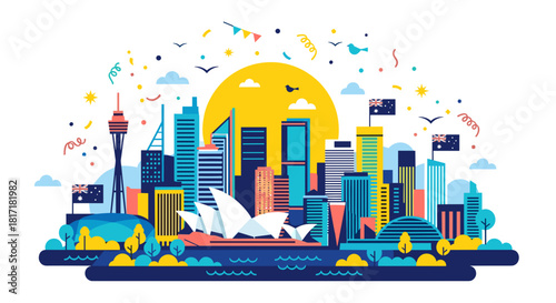 Sydney skyline illustration with vibrant colors celebrating Australia Day  