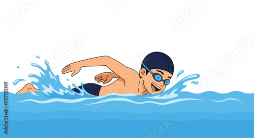 Happy young boy wearing a swim cap and goggles smiling while swimming the front crawl stroke in blue water with splashes.