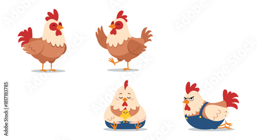 Collection of cartoon chickens and roosters in different poses and emotions including happy angry and meditating with a chick.