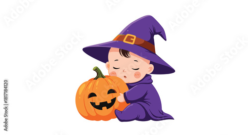 Adorable and sleepy baby in a purple witch costume hugging a smiling jack-o-lantern pumpkin for a cute Halloween scene.