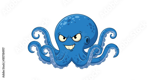 Evil blue cartoon octopus villain with a mischievous grin and menacing eyes showing its tentacles on white background.