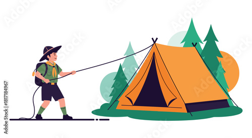 Young boy scout in uniform pulling a rope to set up a bright orange tent at a campsite in the woods for an adventure.
