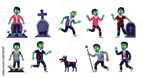 Large collection of cartoon zombie characters in different scary poses including a zombie dog and rising from a grave.