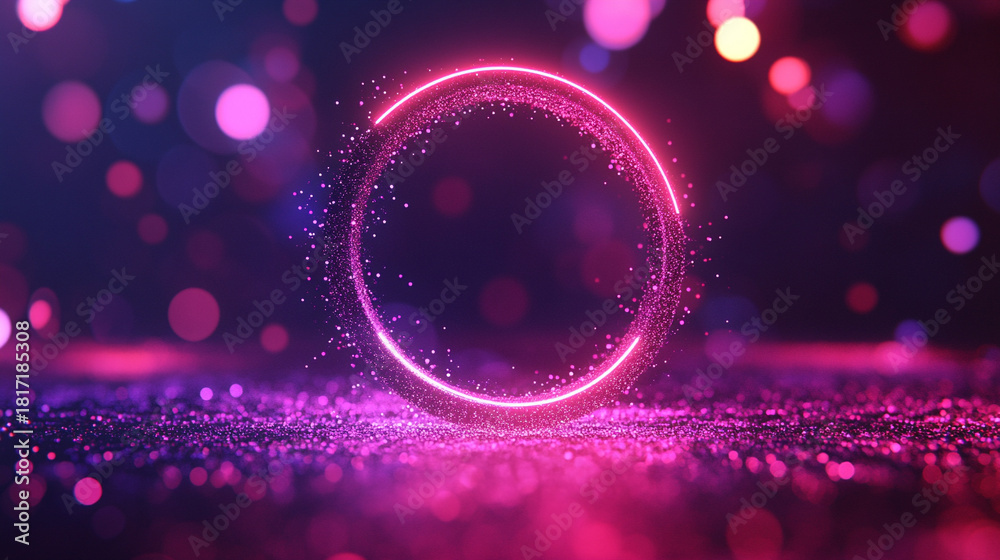 Obraz premium A glowing neon particle halo swirling around a central luminous sphere, forming an energetic orbit with vibrant light trails and a futuristic sci-fi atmosphere.