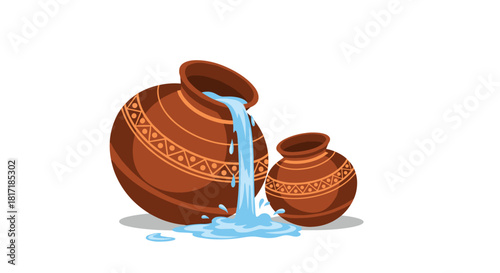 Two traditional decorated brown clay pots with fresh clean water pouring out from the larger vessel onto the ground.