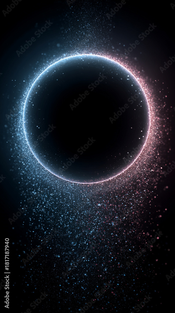 Fototapeta premium A glowing neon particle halo swirling around a central luminous sphere, forming an energetic orbit with vibrant light trails and a futuristic sci-fi atmosphere.