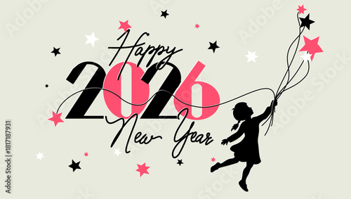 Happy new year 2026 celebration card. Kids holding line with stars in hand