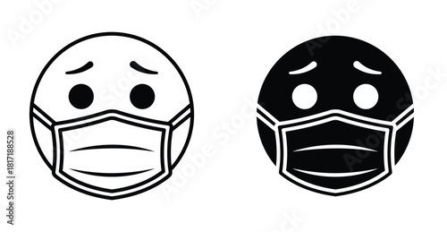 Emoticon with medical mask icon set. Emoticon with medical mask vector symbol in black filled and outlined style.