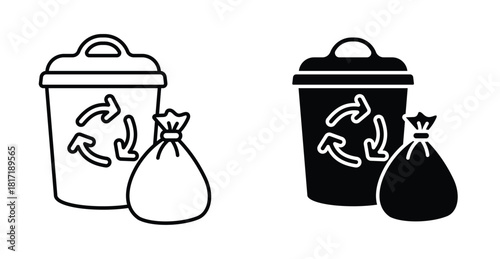 Garbage Waste Recycling Icon Set. Garbage waste recycling vector symbol in black filled and outlined style.