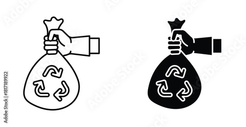Hand With Trash Bag Icon Set. Hand with trash bag vector symbol in black filled and outlined style.