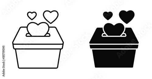 Hearts With Donate Box Icon Set. Hearts with donate box vector symbol in black filled and outlined style.