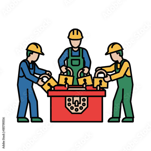 Group of workers performing safe lockout-tagout briefing before starting collaborative maintenance operations