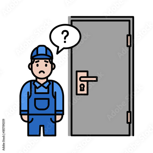 Technician checking locked door with question mark symbol indicating verification before entry