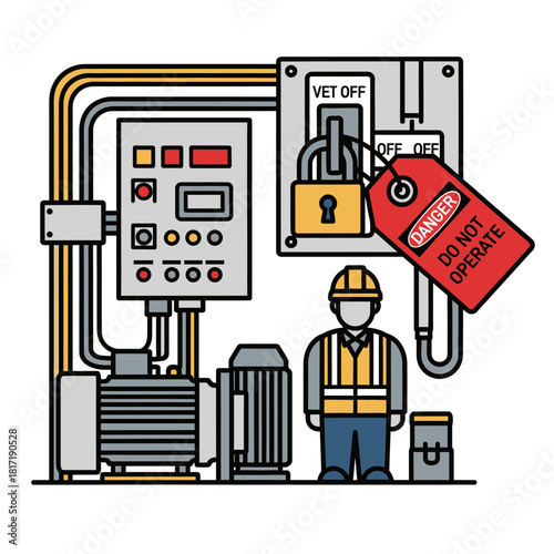 Engineering team locking out complex industrial control panel using multiple padlocks and safety devices