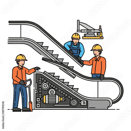 Industrial workers performing safe shutdown procedures on moving conveyor system during maintenance