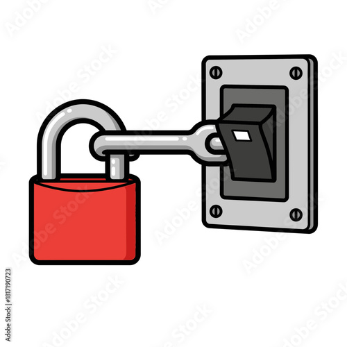 Padlock securing wall-mounted switch box to prevent accidental activation of vital equipment