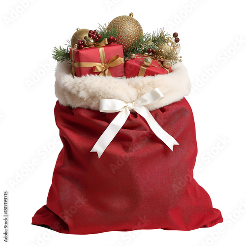 Festive Red Sack Filled With Gold Ornaments and Wrapped Gifts Ready for Holid...
