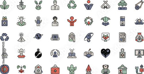 A diverse collection of simple flat design icons representing various objects and concepts including nature technology food and abstract symbols for creative projects