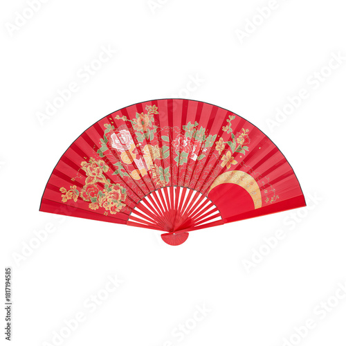 Traditional Red Folding Fan Showcasing Intricate Design and Vibrant Color in ...