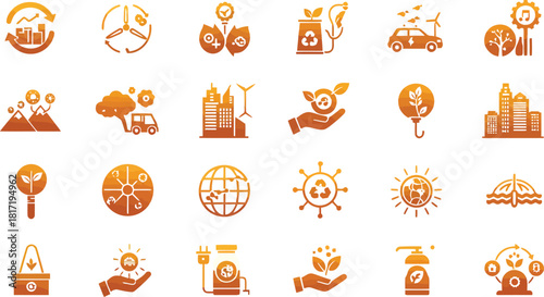 Collection of orange icons representing business concepts technology health and environmental themes arranged in a grid for diverse visual representation