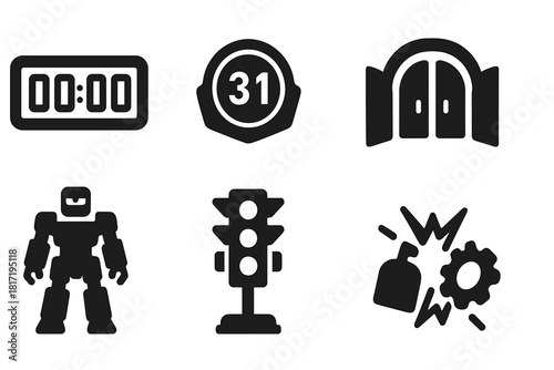 Robotic Match Countdown. Solid style icons of countdown and match start: digital timer slab, 3-2-1 badge, signal flare icon. Arena