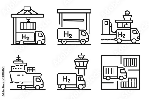 Hydrogen Trucks at Ports. Line style icons of hydrogen trucks at ports: container crane with H2 truck, port customs gate icon,