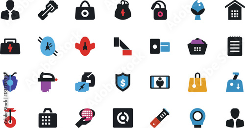 Collection of modern flat design icons representing security safety protection and digital technology concepts for websites and apps