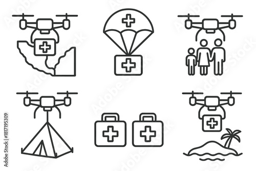 Humanitarian Drone Aid Icons. Line style icons of humanitarian medical drone efforts: cross-border delivery, red cross parachute,
