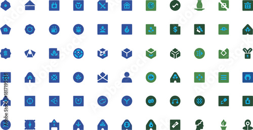 Collection of diverse modern flat icons representing various concepts like security data technology and business in blue and green colors