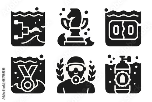Underwater Tournament Icons. Solid style icons of tournament icons: bracket underwater slab, chess-glove trophy icon, championship