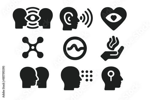 Telepathy Sensory Icons. Solid style icons of sensory expansion via telepathy: shared vision wave, echo hearing link, emotion