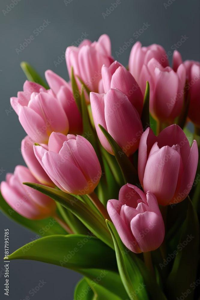 Naklejka premium Vibrant pink tulips in full bloom against soft gray background