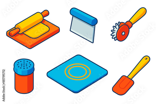 Vibrant Baking Tools. Isometric vector illustration set Baking tools – rolling pin, pastry board, dough cutter; bench scraper,