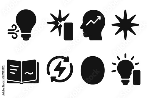 Icons of Creative Clarity. Solid style icons of creative clarity for leaders: idea bulb with breath icon, silence-fueled spark,