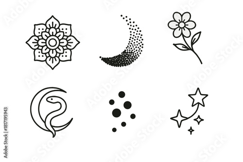 Tattoo Cover-up Icons. Line style icons of small tattoo cover-up designs: tiny mandala fill, dotwork fade, small flower over name,