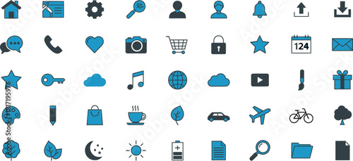 Collection of diverse blue and black flat design icons representing technology communication and common objects for digital interfaces and web design