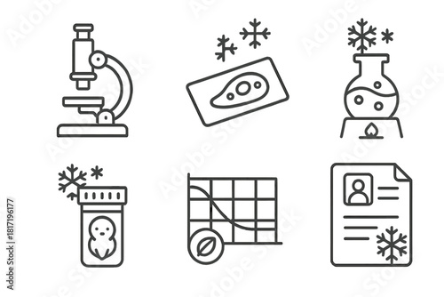 Cryogenic Research Icons. Line style icons of cryogenic research: cryo lab microscope, tissue sample on slide, molecular freezing