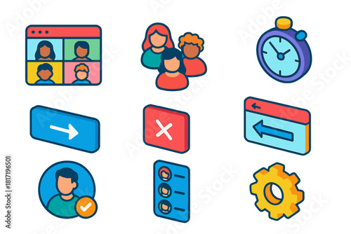 Virtual Meeting Icons. Isometric vector illustration set Virtual meetings – breakout room icon, group avatar, timer widget; join