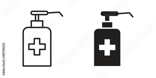 Hand sanitizer icon flat and thin stroke vector pack. Editable icons set