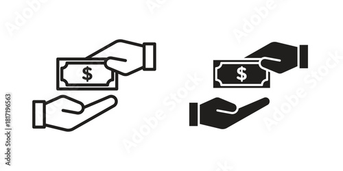 Hand money exchange icon flat and thin stroke vector pack. Editable icons set