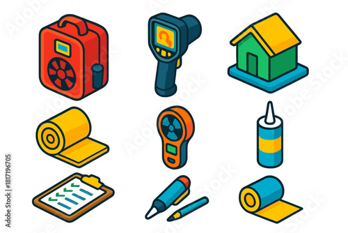 Climate Action Tools. Isometric vector illustration set Climate action – home energy audit kit, thermal camera, blower door;