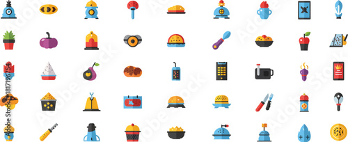 Collection of colorful cartoon icons representing various objects and items for digital design and illustration purposes